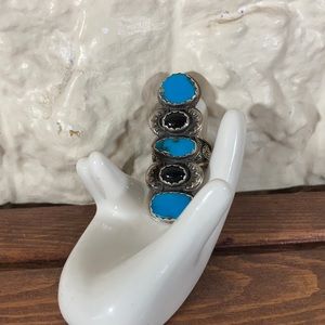 Silver 5 Stone ring with Turquoise and Onxy